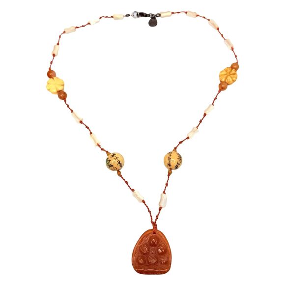 VTG Belle Costes Carved Carnelian Pendant Necklace 20" Bohemian Boho Chic - Picture 4 of 13